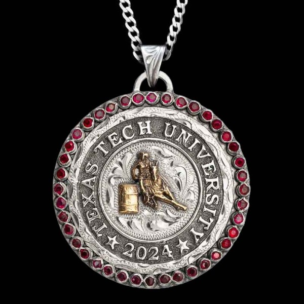 " The Rodeo Graduate Custom Pendant is the perfect gift for any rodeo athlete. Crafted on a hand-engraved, German Silver base with a cubic zirconia stone edge. Scroll down to customize your lettering, figure and color stones.

Pair with a sterling 